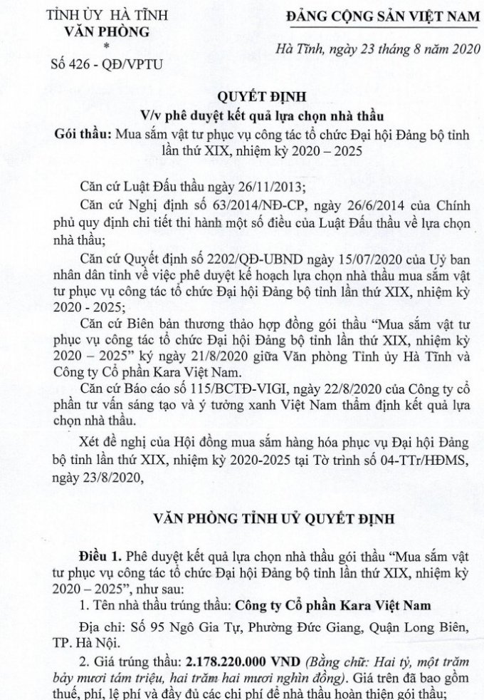 Quyết định phê duyệt lựa chọn nhà thầu, trong đó giá trúng thầu là 2.178.220.000 đồng. (Ảnh: phapluatplus)