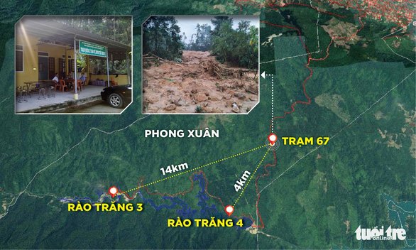 Sơ đồ khu vực thủy điện Rào Trăng 3, Rào Trăng 4 và Trạm bảo vệ rừng 67. (Ảnh: Tuoitre)