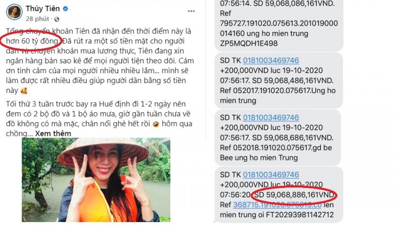 Ca sĩ Thủy Tiên thông báo số tiền quyên góp cứu trợ đã hơn 60 tỷ đồng. (Ảnh: Infonet)