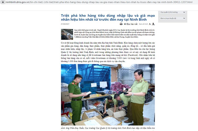 Thông tin về kho hàng lậu được đăng trên website Cục QLTT Ninh Bình. (Ảnh: Chụp màn hình).