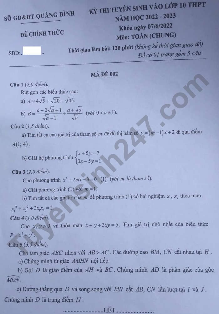 Đề thi môn Toán vào lớp 10 năm 2022 - Quảng Bình
