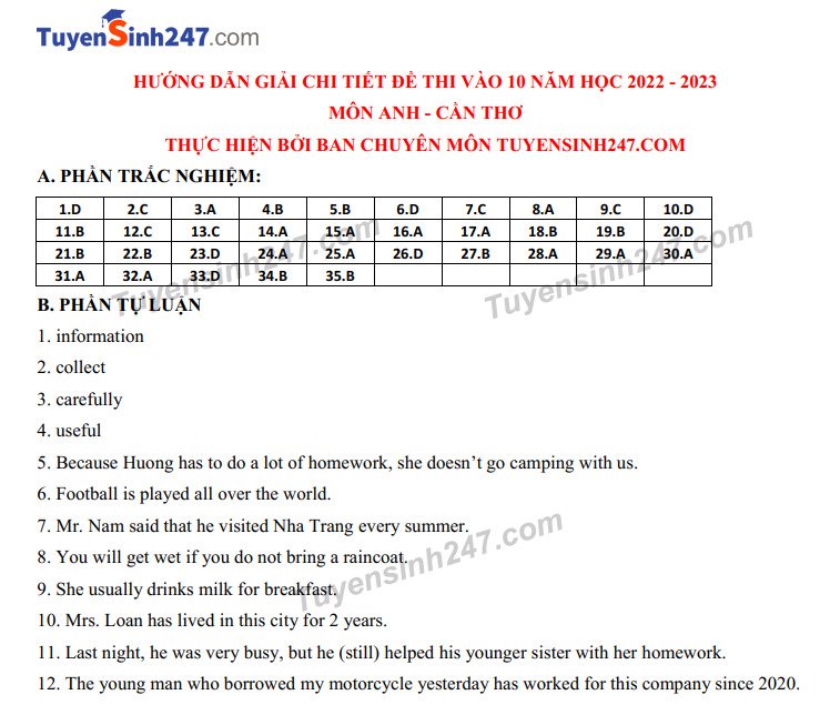 Gợi ý đáp án đề thi lớp 10 THPT môn Tiếng Anh TP Cần Thơ năm 2022