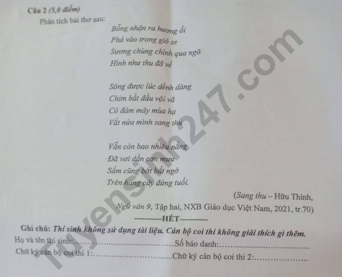 Đề thi lớp 10 môn Văn TP Cần Thơ năm 2022