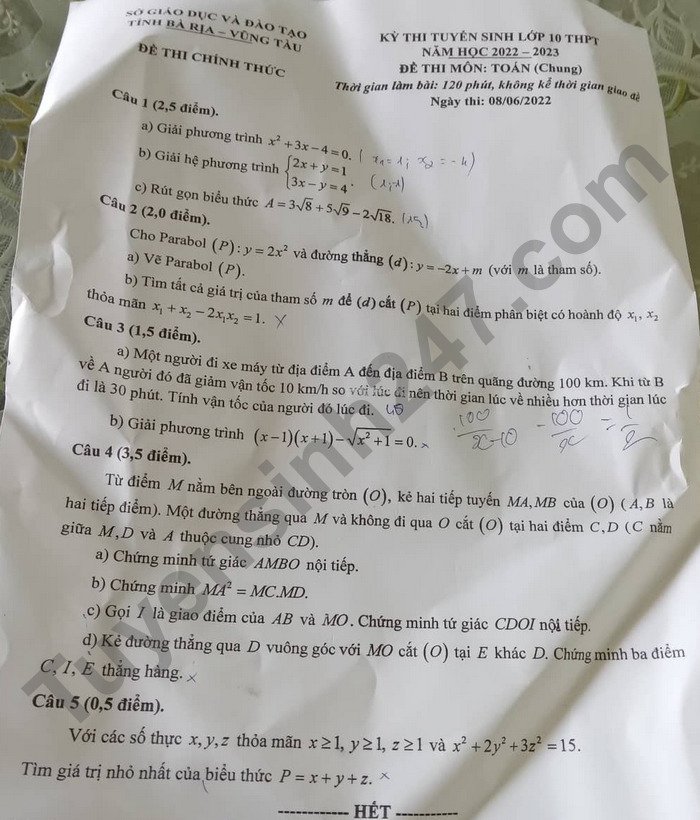 Đề thi lớp 10 môn Toán tỉnh Bà Rịa Vũng Tàu năm 2022