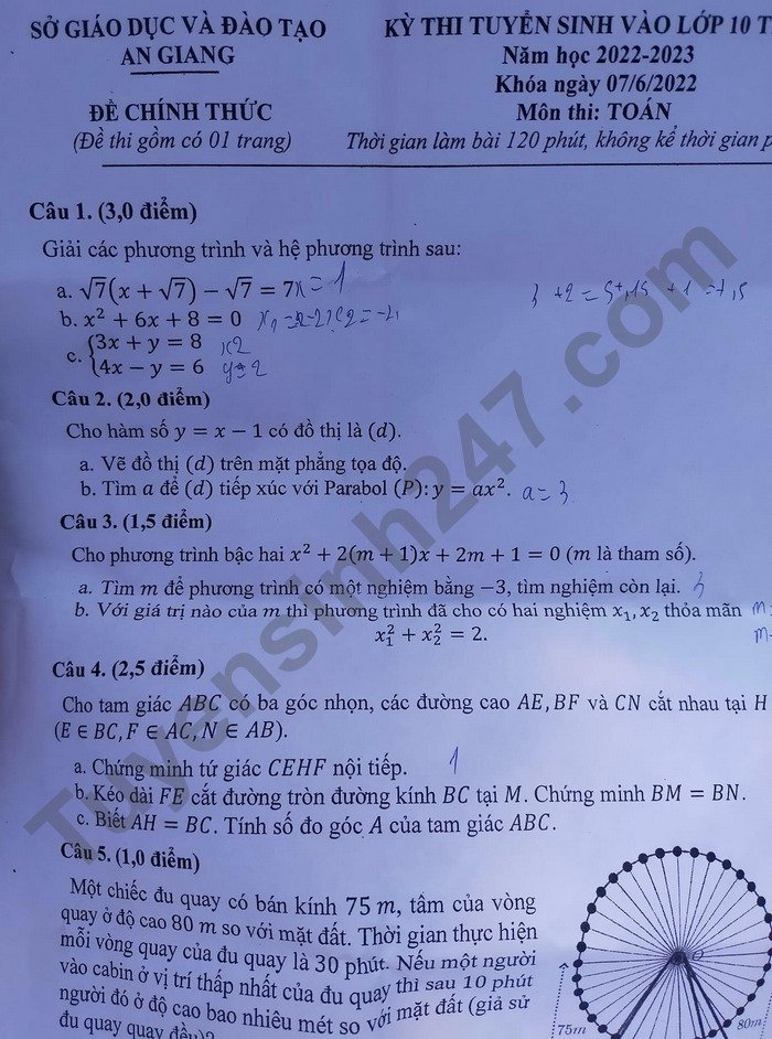 Đề thi lớp 10 môn Toán tỉnh An Giang năm 2022