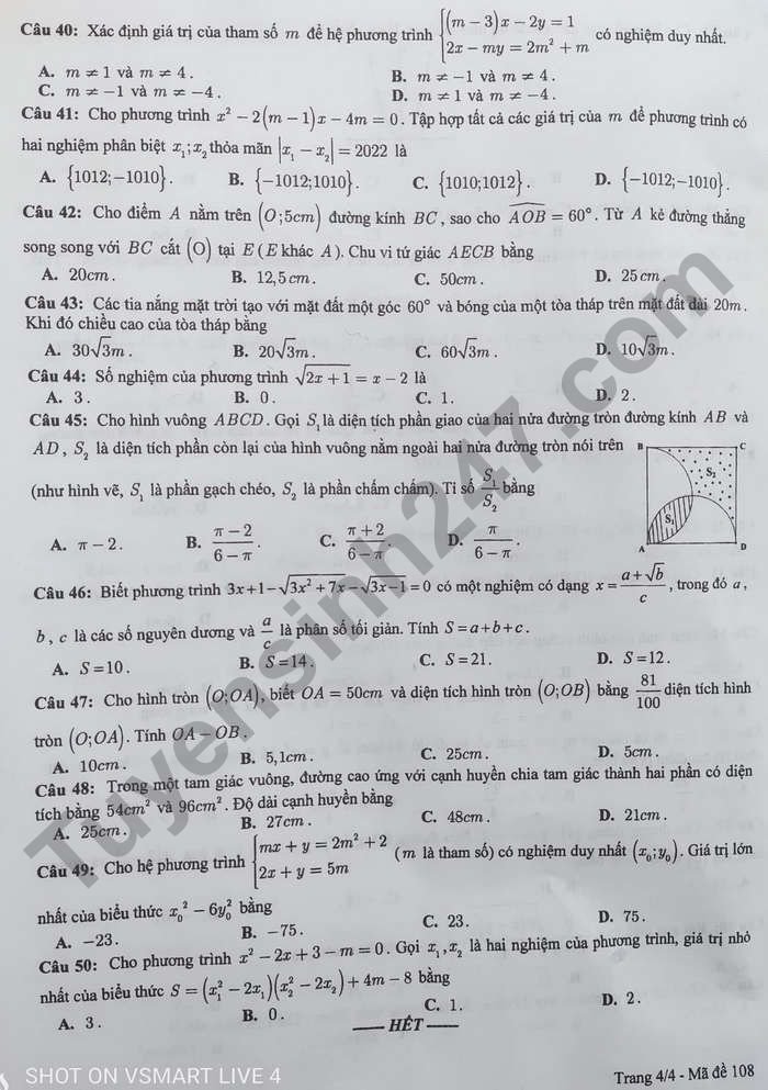 Đề thi lớp 10 THPT môn Toán tỉnh Hưng Yên năm 2022