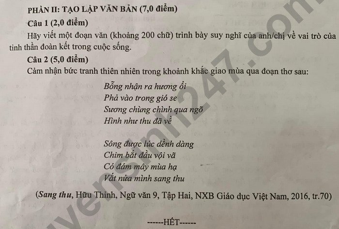 Đề thi lớp 10 môn Văn tỉnh Ninh Bình năm 2022