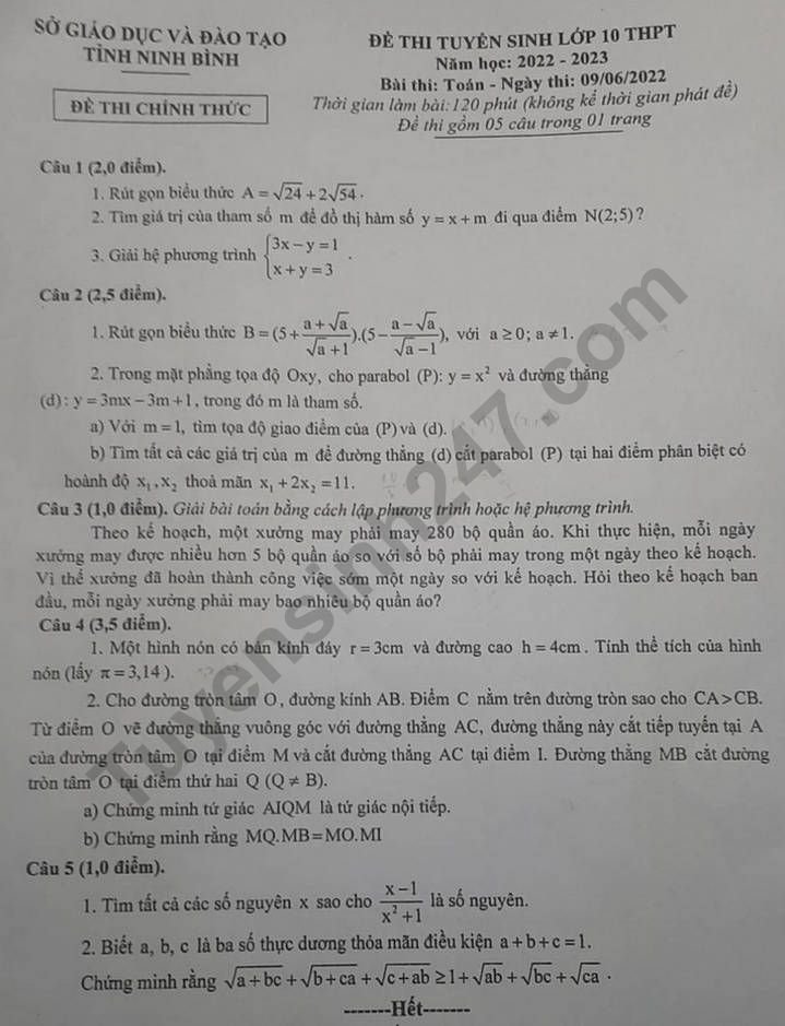 Đề thi lớp 10 môn Toán tỉnh Ninh Bình năm 2022