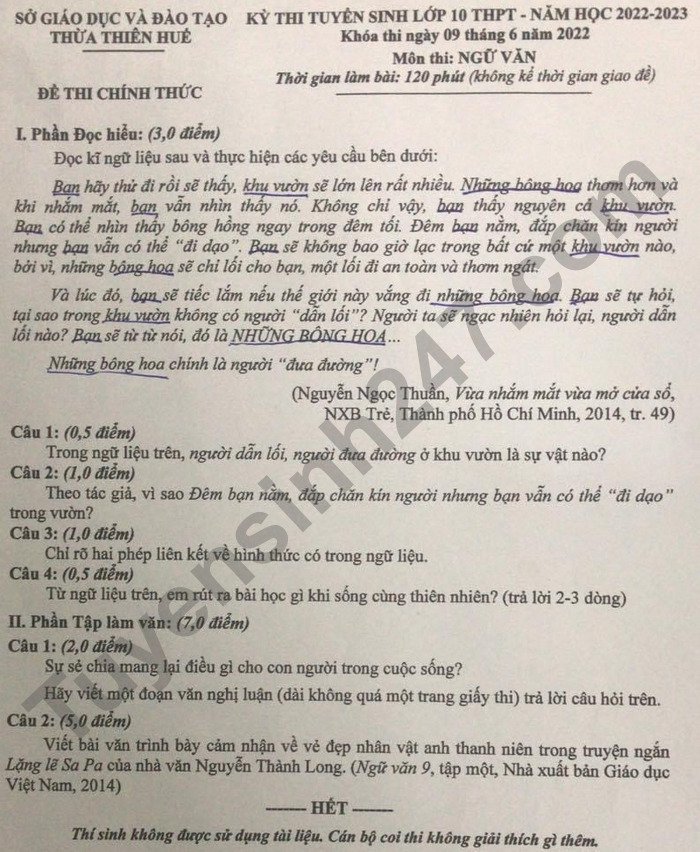 Đề thi lớp 10 môn Văn tỉnh Thừa Thiên Huế năm 2022