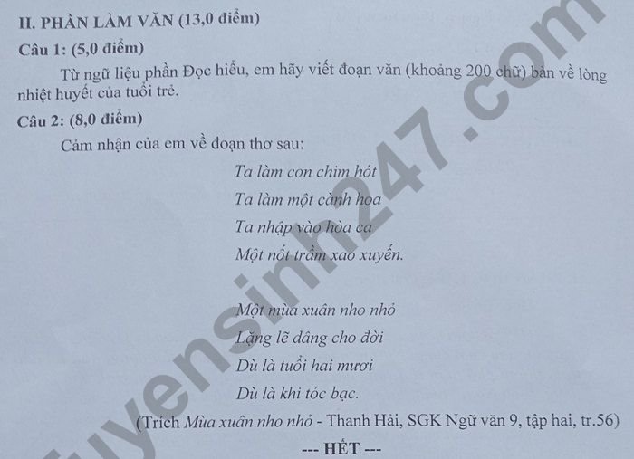 Đề thi lớp 10 môn Ngữ Văn tỉnh Bạc Liêu 2022