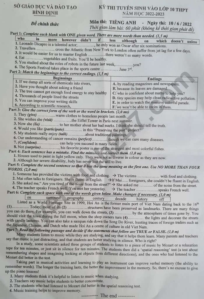 Đề thi môn Tiếng Anh tuyển sinh lớp 10 tỉnh Bình Định năm 2022