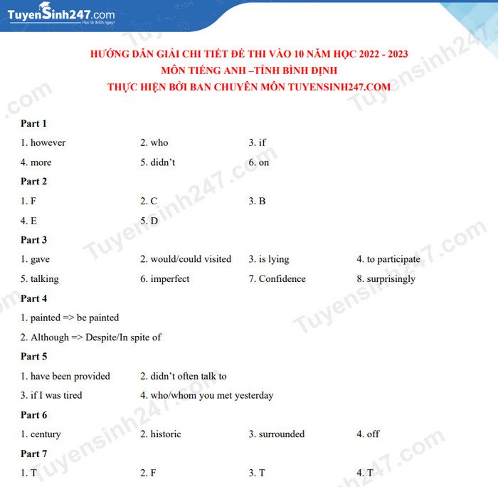 Gợi ý đáp án đề thi môn Tiếng Anh tuyển sinh lớp 10 tỉnh Bình Định năm 2022