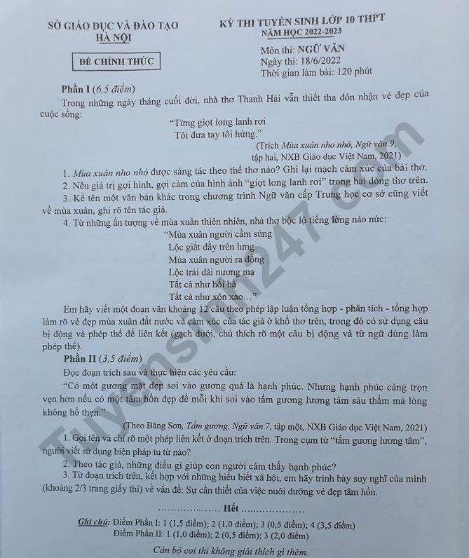 de-thi-vao-10-mon-van-ha-noi-2022-result
