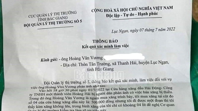 Thông báo kết quả xác minh vụ việc từ Đội QLTT số 5. (Ảnh: Báo Bắc Giang).