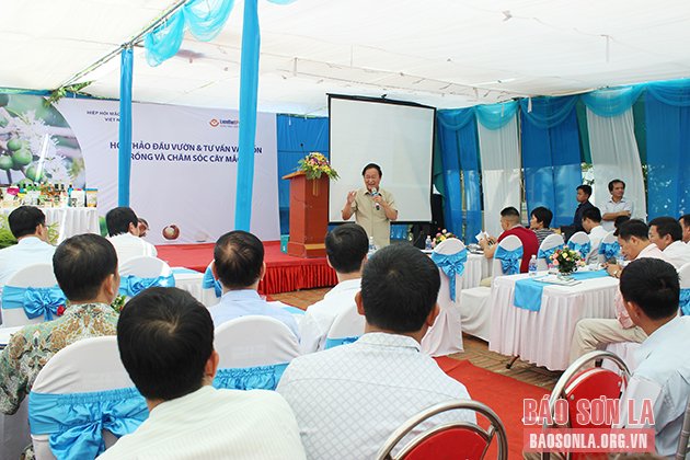 Giáo sư Nguyễn Lân Hùng, Phó Chủ tịch Hiệp hội Mắc ca Việt Nam trao đổi với nông dân cách trồng, chăm sóc mắc ca tại Hội thảo đầu vươn tổ chức tại thành phố Sơn La.