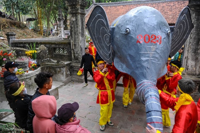 Các đoàn mang voi, ngựa cần đến hàng chục trai tráng trong làng để rước.