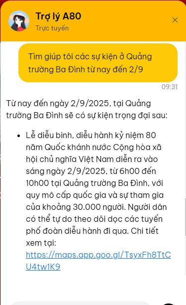 Giao diện hiển thị tính năng Trợ lý A80.