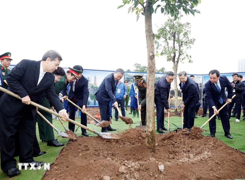  Tổng Bí thư Tô Lâm và các đại biểu tham gia trồng cây tại Lễ phát động “Tết trồng cây đời đời nhớ ơn Bác Hồ” Xuân Bính Ngọ 2026 - Ảnh: TTXVN