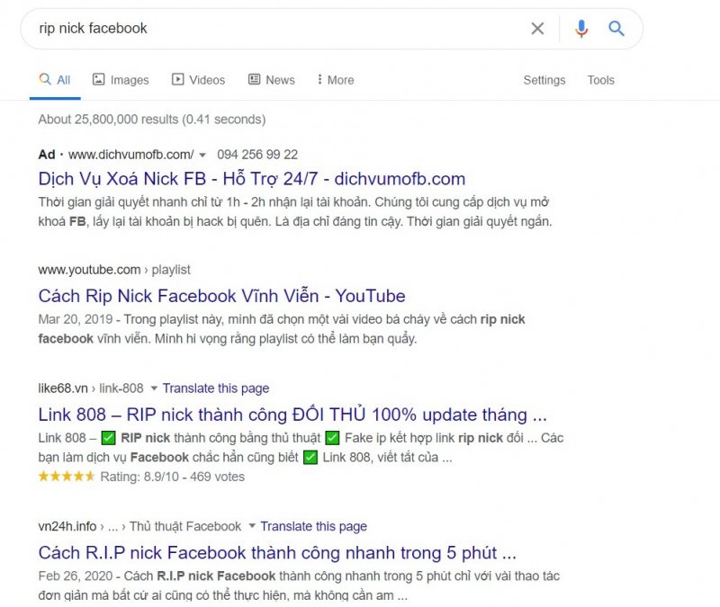 Hơn 25 triệu lượt kết quả cho từ khóa liên quan về vấn đề rip nick facebook. Ảnh chụp màn hình.