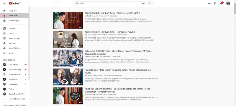 Bảng xếp hàng Top 10 MV Trending Youtube.