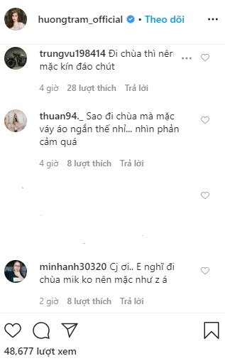 Nhiều người góp ý về cách ăn mặc không phù hợp của Hương Tràm khi đi chùa.