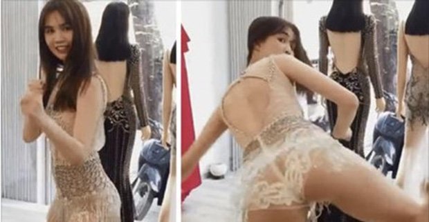 Ngọc Trinh diện thiết kế đầm xuyên thấu, mỏng tang. Thậm chí có giây phút Ngọc Trinh còn để lộ phần nhạy cảm bởi dáng ngồi vô duyên của mình. Đáp lại phản ứng của fan hâm mộ, Ngọc Trinh đáp “kệ tôi”.