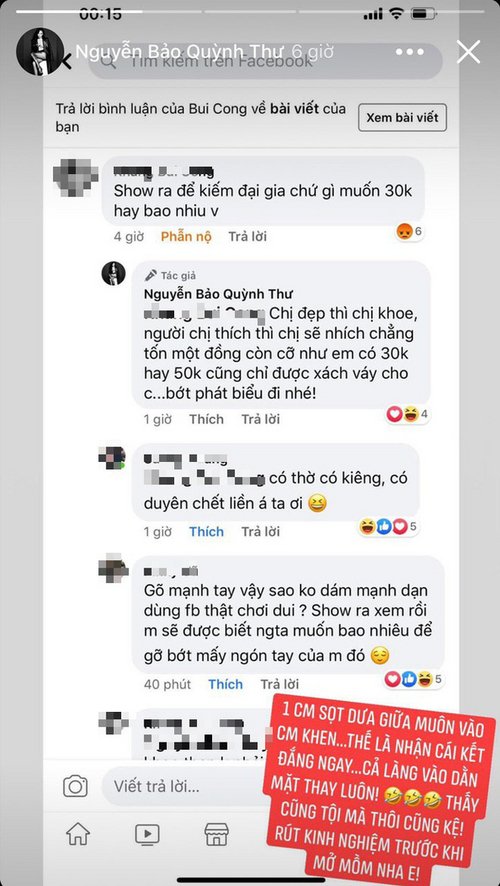 Antifan bình luận khiếm nhã, Quỳnh Thư đáp trả.