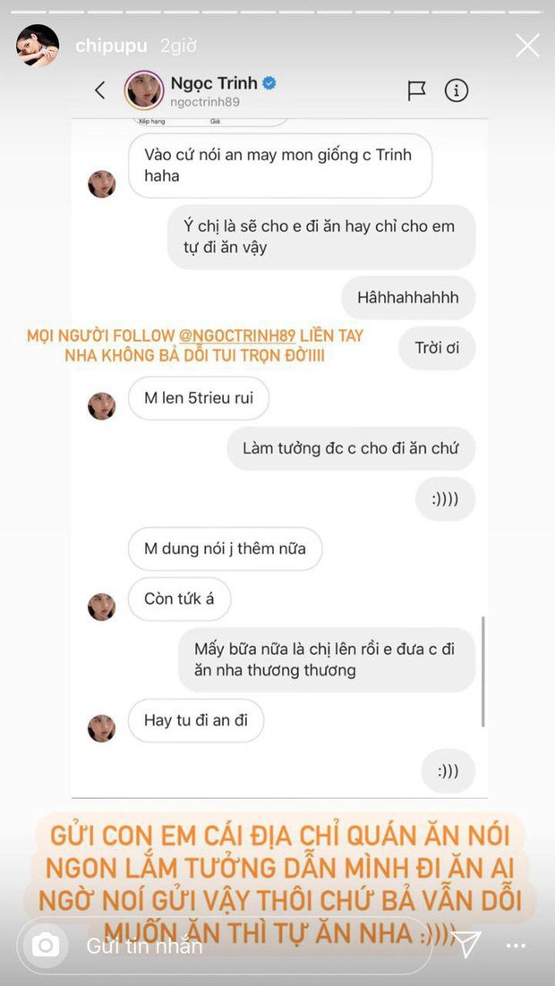 Lộ tin nhắn Ngọc Trinh hờn dỗi.