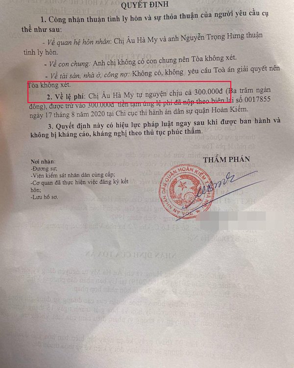 Nguyễn Trọng Hưng để vợ cũ Âu Hà My tình nguyện trả phí ly hôn