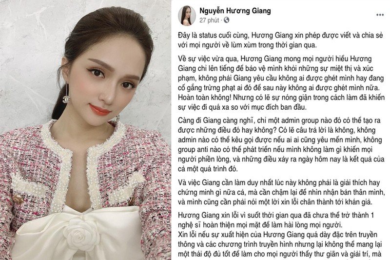 Trước đó, Hương Giang đã công khai nói lời xin lỗi