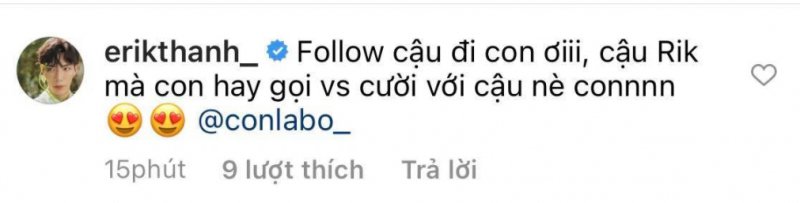 Erik xưng cậu với bé Bo và kêu câu bé hãy follow mình. Điều này cho thấy mối quan hệ thân thiết của gia đình Hoa dâm bụt với con trai Hòa Minzy