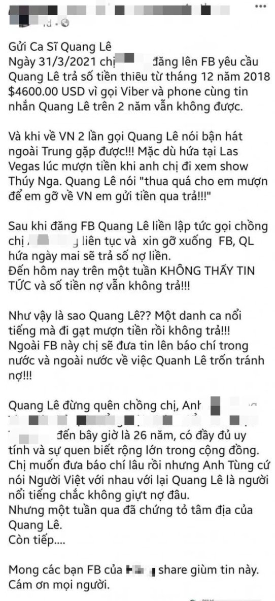 Đăng tải tố Quang Lê trước đó