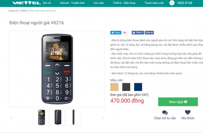 Mẫu điện thoại người già ký hiệu V6216 giống với mã số điện thoại mà UBND tỉnh Ninh Bình ra quyết định xử phạt đang được trang web của Viettel báo giá là 470.000 đồng.