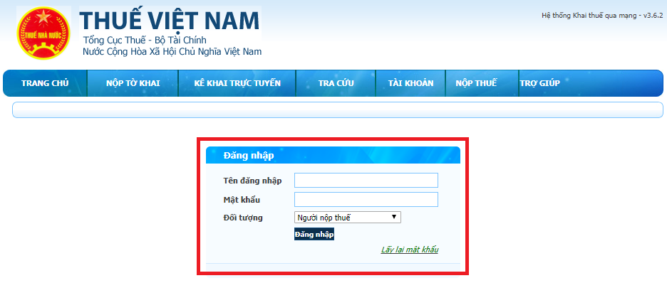 Đăng nhập vào website: nhantokhai.gdt.gov.vn. và tiến hành nhập mã số thuế của doanh nghiệp và mật khẩu vào bảng đăng nhập, sau đó nhấn vào nút “Đăng nhập”.
