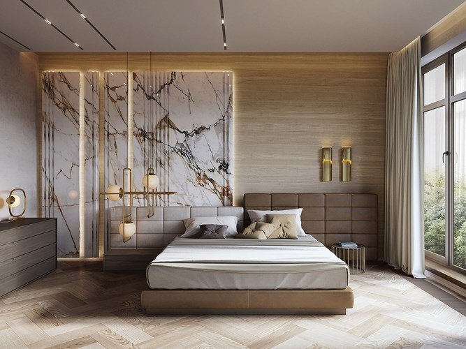Căn hộ có nội thất kết hợp giữa đá cẩm thạch và gỗ