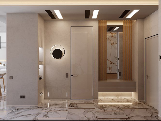 Căn hộ có nội thất kết hợp giữa đá cẩm thạch và gỗ