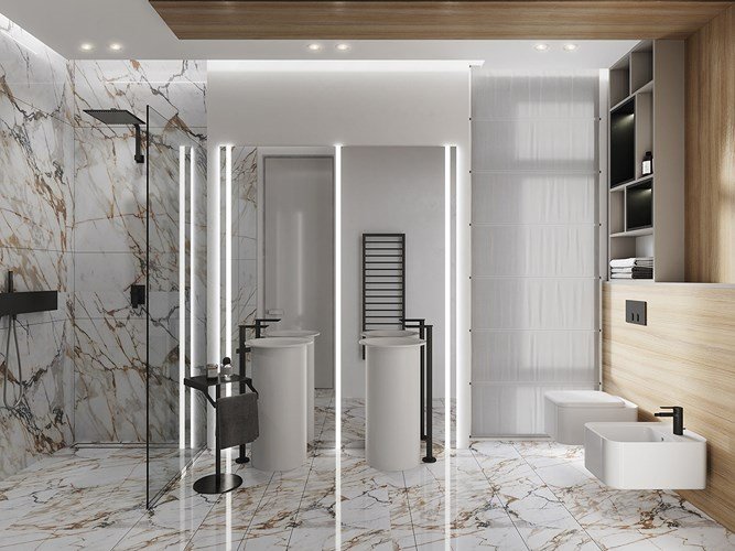 Căn hộ có nội thất kết hợp giữa đá cẩm thạch và gỗ