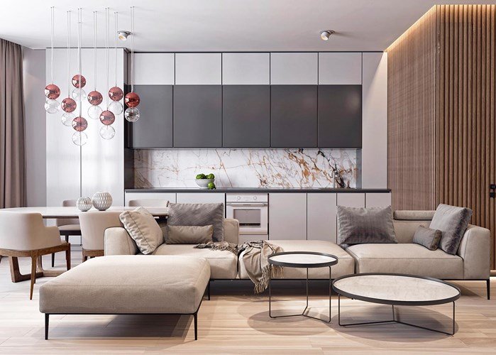 Căn hộ có nội thất kết hợp giữa đá cẩm thạch và gỗ