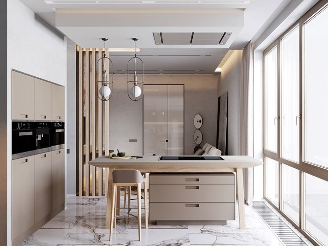 Căn hộ có nội thất kết hợp giữa đá cẩm thạch và gỗ