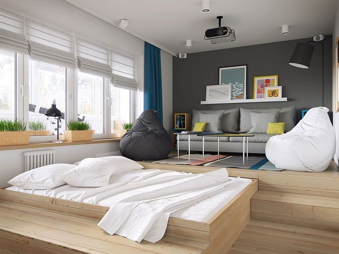 Căn hộ 34 m2 kết hợp phòng khách và phòng ngủ tiện lợi