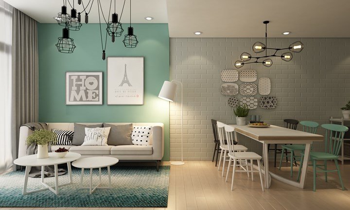 Mẫu phòng khách màu xanh tuyệt đẹp cho ngày hè