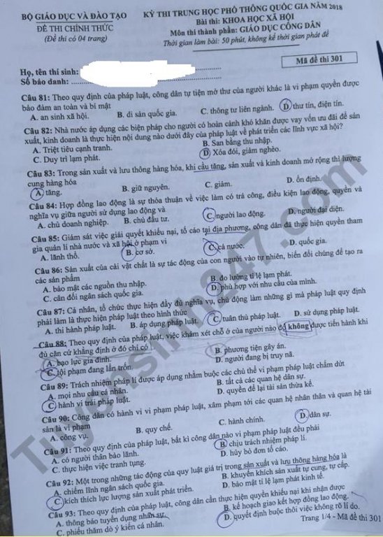 de-thi-va-dap-an-mon-giao-duc-cong-dan-ma-de-301-ky-thi-thpt-quoc-gia-2018