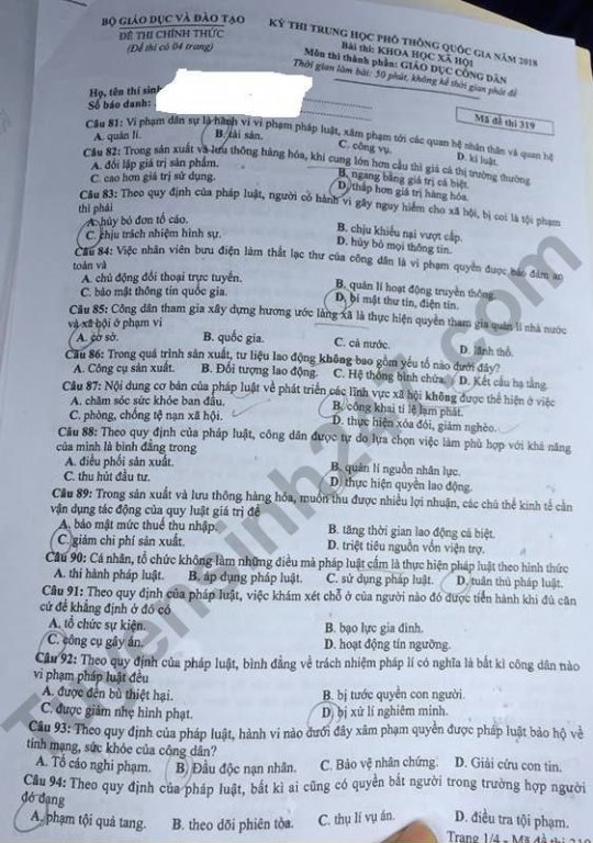de-thi-va-dap-an-mon-giao-duc-cong-dan-ma-de-319-ky-thi-thpt-quoc-gia-2018