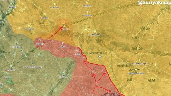 Quân đội Syria và quân cảnh Nga tiến vào làng Arima, phía tây thành phố Manbji do SDF kiểm soát. Ảnh: Muraselon.