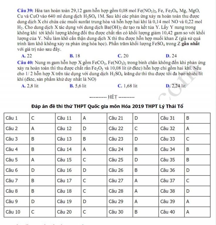 Đề thi thử THPT Quốc gia 2019 môn Hóa có đáp án trường THPT Lý Thái Tổ Bắc Ninh
