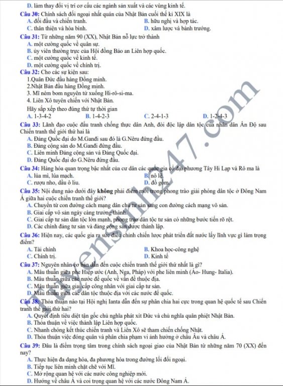 Đề thi thử THPT Quốc gia 2019 môn Sử 