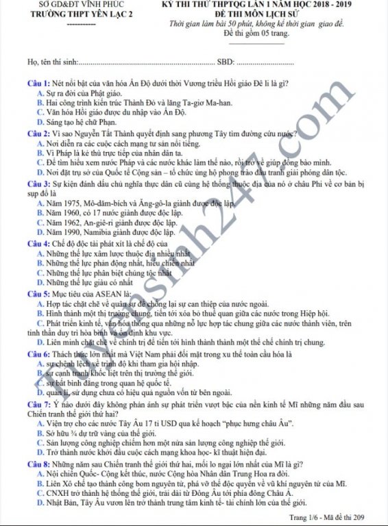 Đề thi thử THPT Quốc gia 2019 môn Sử 