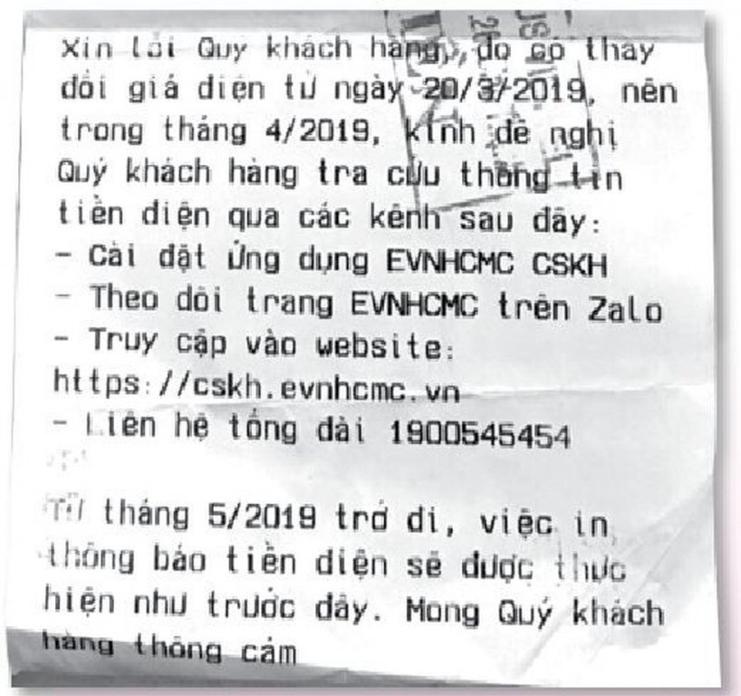 Hóa đơn tiền điện tháng 4 của một hộ dân ở TP HCM - Ảnh: V.H