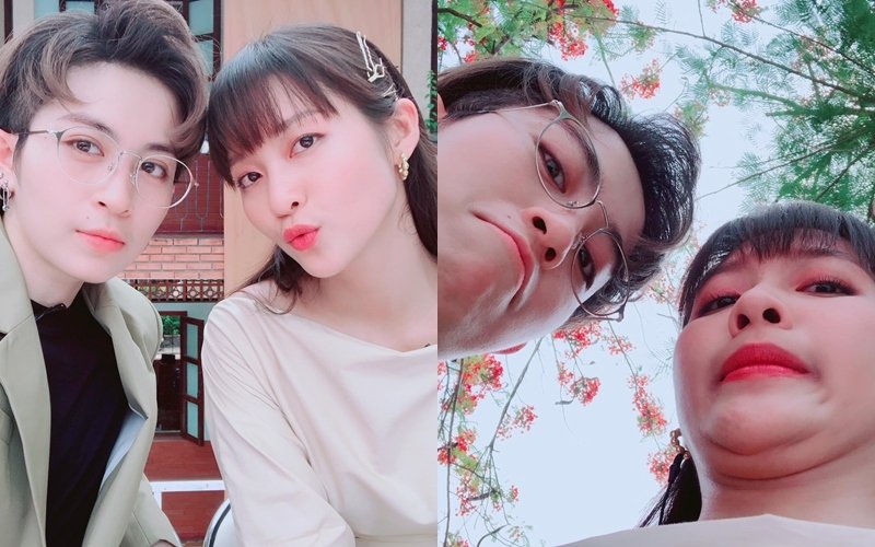 Khả Ngân chụp hình vui vẻ cùng Gil Lê. Cô hài hước viết: “Hai bé đi học đây, lớp mấy thì hợp lý nhỉ