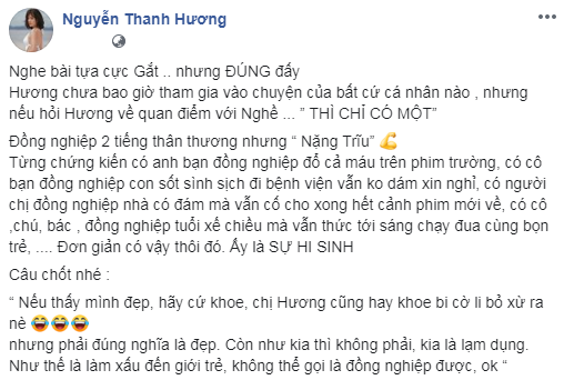 Thanh Hương tiếp tục bày tỏ quan điểm trên trang cá nhân.